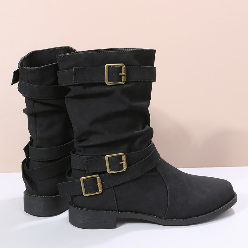 Bootara Women's Matte PU Buckle-Detailed Slouch Boots - Crushed Texture Stacked Mid-Calf Flat Boots
