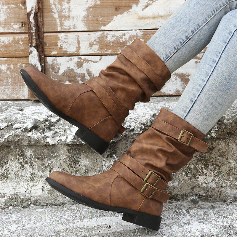 Bootara Women's Matte PU Buckle-Detailed Slouch Boots - Crushed Texture Stacked Mid-Calf Flat Boots