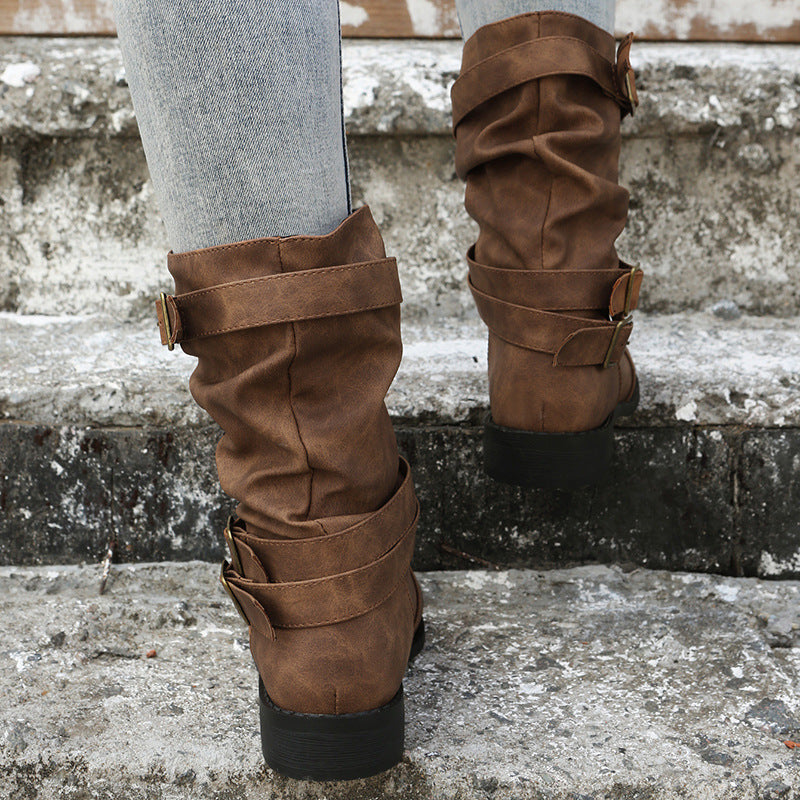 Bootara Women's Matte PU Buckle-Detailed Slouch Boots - Crushed Texture Stacked Mid-Calf Flat Boots