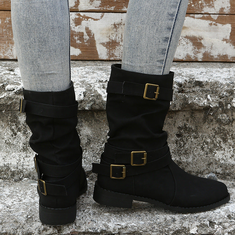 Bootara Women's Matte PU Buckle-Detailed Slouch Boots - Crushed Texture Stacked Mid-Calf Flat Boots