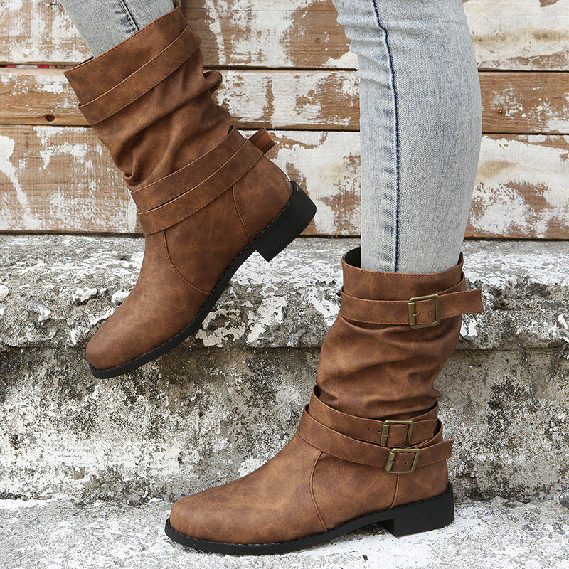 Bootara Women's Matte PU Buckle-Detailed Slouch Boots - Crushed Texture Stacked Mid-Calf Flat Boots