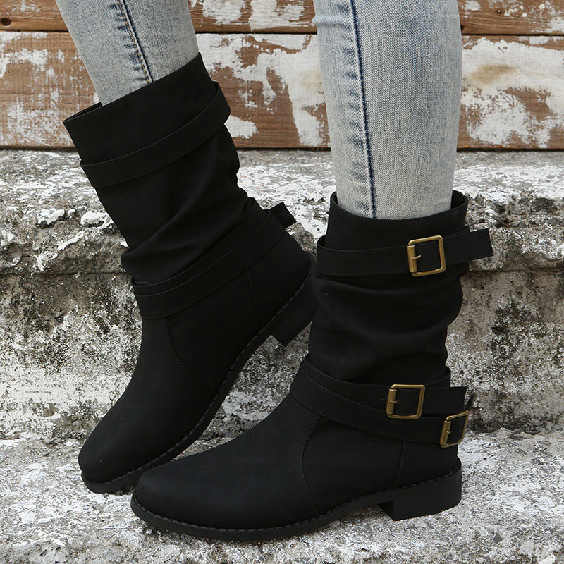 Bootara Women's Matte PU Buckle-Detailed Slouch Boots - Crushed Texture Stacked Mid-Calf Flat Boots