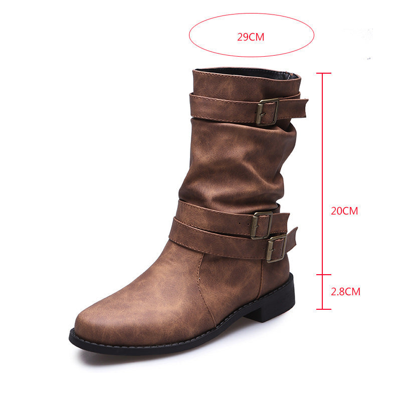 Bootara Women's Matte PU Buckle-Detailed Slouch Boots - Crushed Texture Stacked Mid-Calf Flat Boots