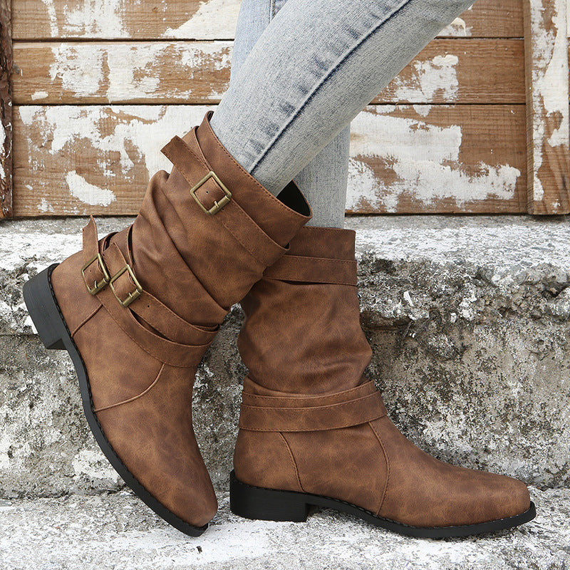 Bootara Women's Matte PU Buckle-Detailed Slouch Boots - Crushed Texture Stacked Mid-Calf Flat Boots