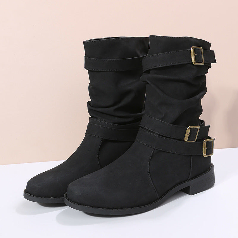 Bootara Women's Matte PU Buckle-Detailed Slouch Boots - Crushed Texture Stacked Mid-Calf Flat Boots