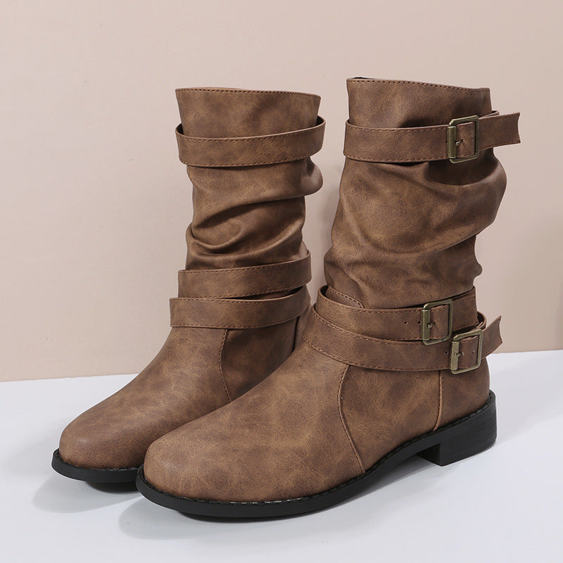Bootara Women's Matte PU Buckle-Detailed Slouch Boots - Crushed Texture Stacked Mid-Calf Flat Boots