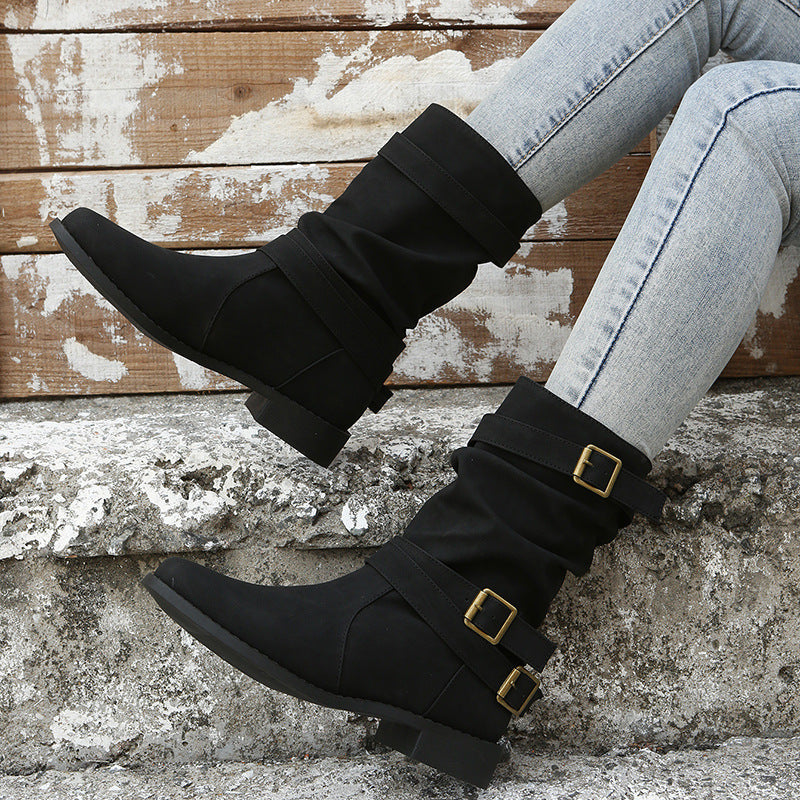 Bootara Women's Matte PU Buckle-Detailed Slouch Boots - Crushed Texture Stacked Mid-Calf Flat Boots