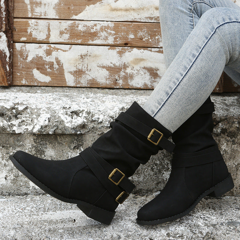 Bootara Women's Matte PU Buckle-Detailed Slouch Boots - Crushed Texture Stacked Mid-Calf Flat Boots